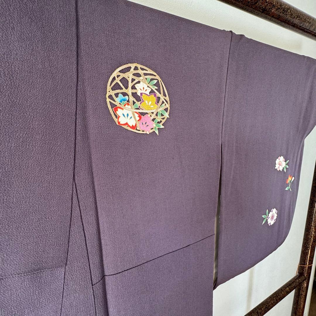 超美品　正絹　袷　訪問着　着物　168　裄70　ちりめん　金彩　紫　藤色　トール