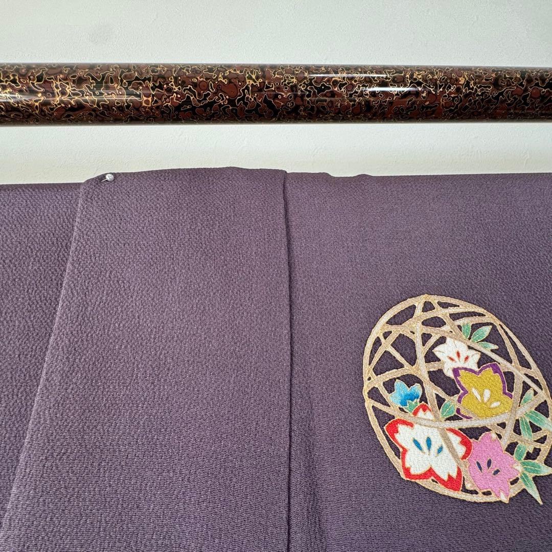 超美品　正絹　袷　訪問着　着物　168　裄70　ちりめん　金彩　紫　藤色　トール