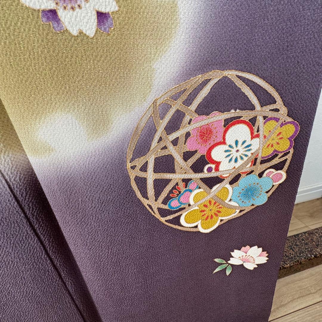 超美品　正絹　袷　訪問着　着物　168　裄70　ちりめん　金彩　紫　藤色　トール