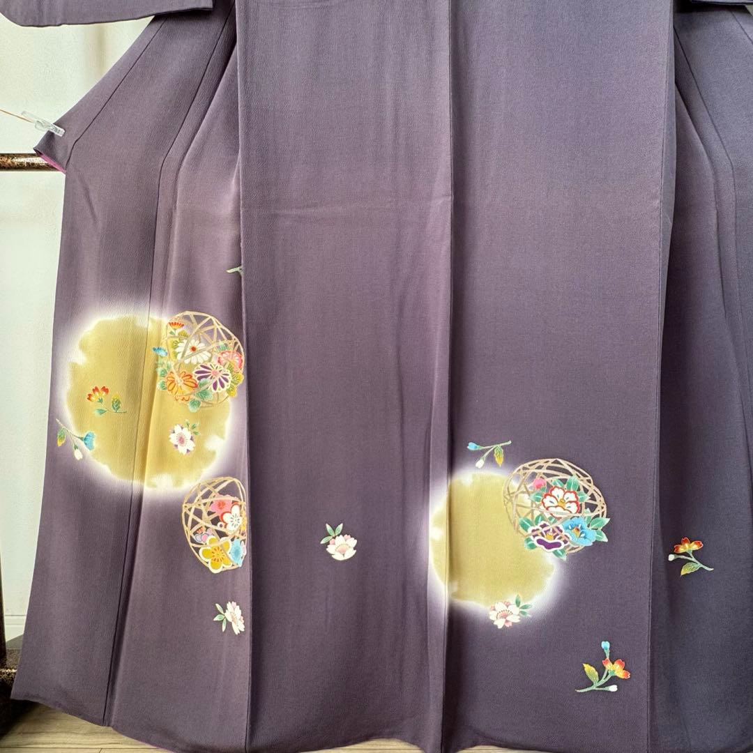 超美品　正絹　袷　訪問着　着物　168　裄70　ちりめん　金彩　紫　藤色　トール