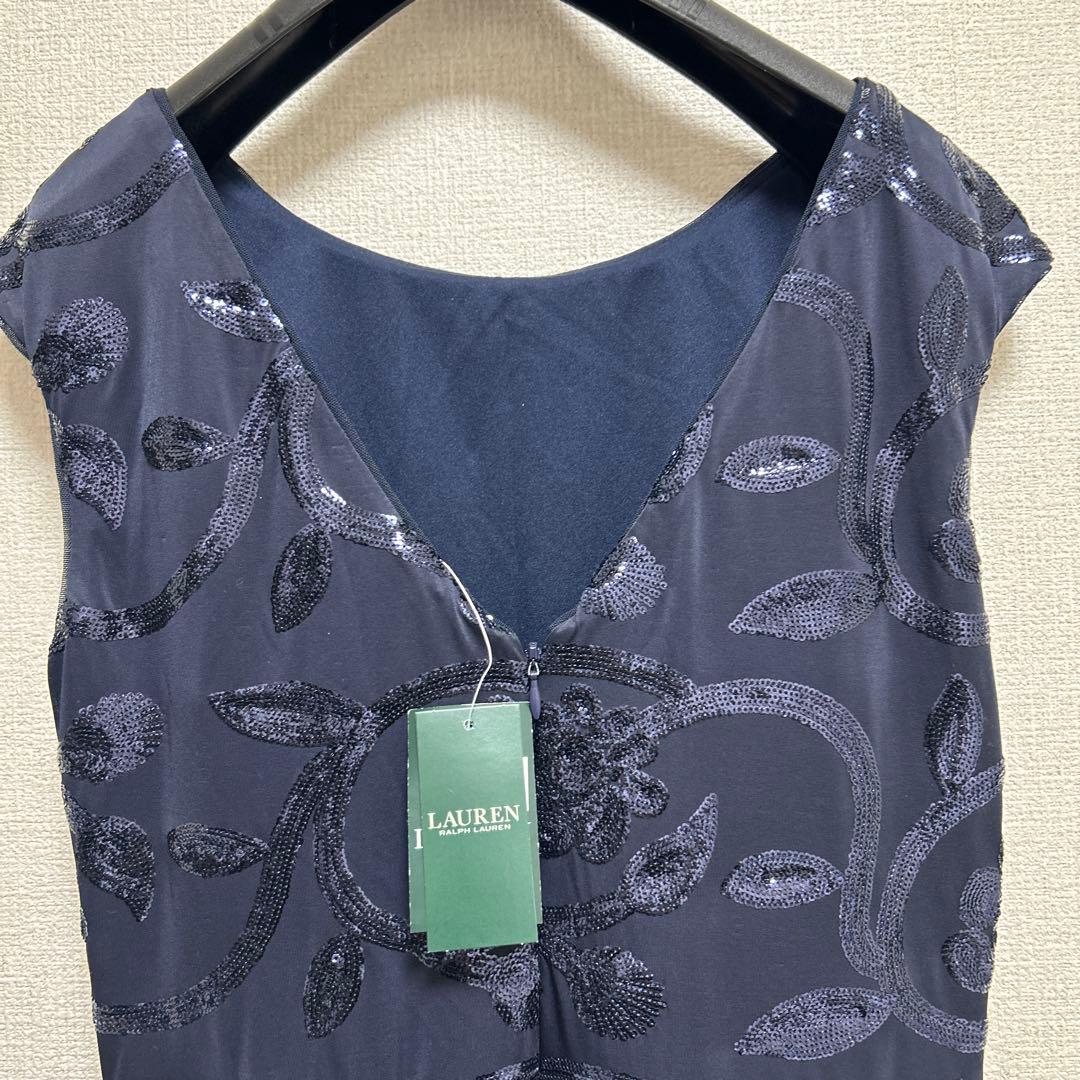 新品❗️ラルフローレン花柄型押しラッフルイブニングロングドレス/紺US12 XL
