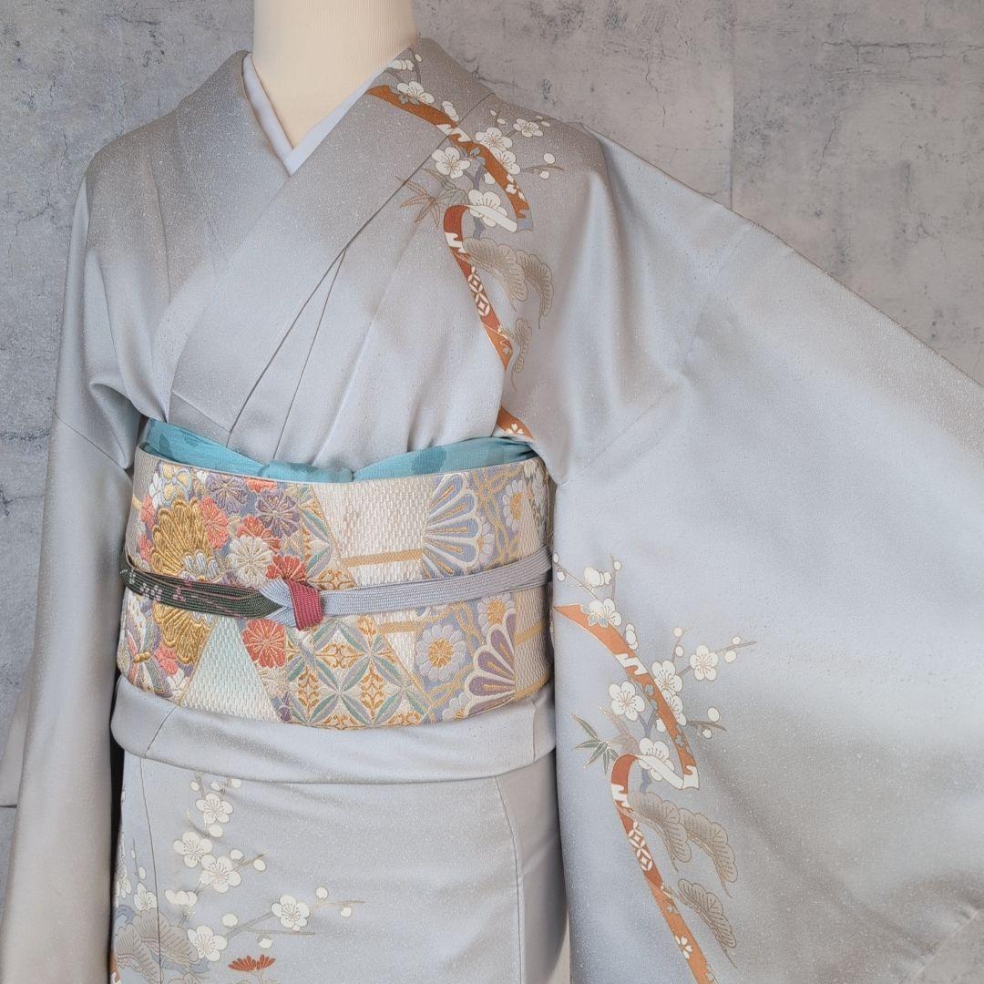 訪問着　フルセット　着物　正絹　白シルバー　金駒刺繍　花　しつけ糸　祝い事　A2