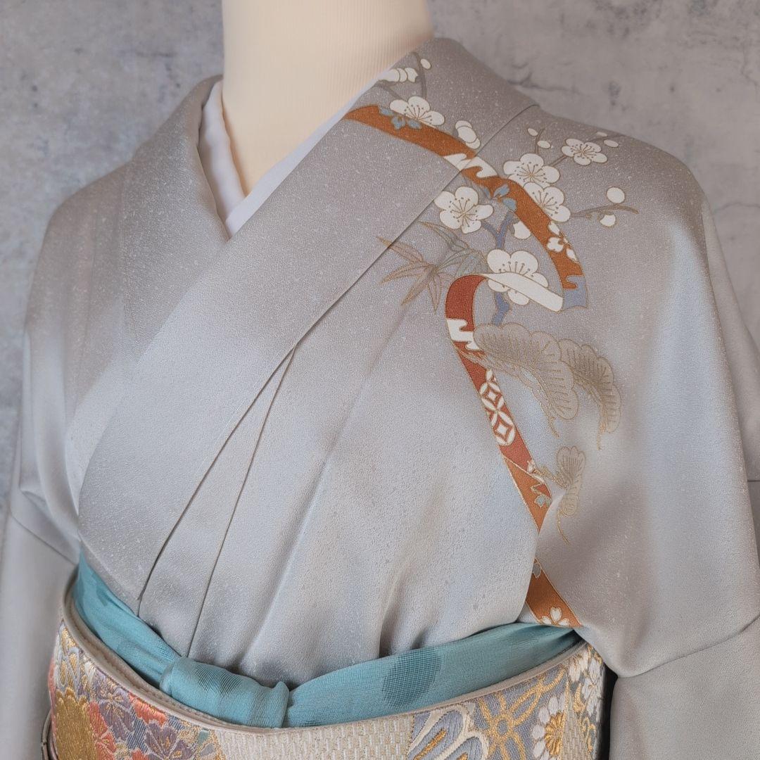 訪問着　フルセット　着物　正絹　白シルバー　金駒刺繍　花　しつけ糸　祝い事　A2