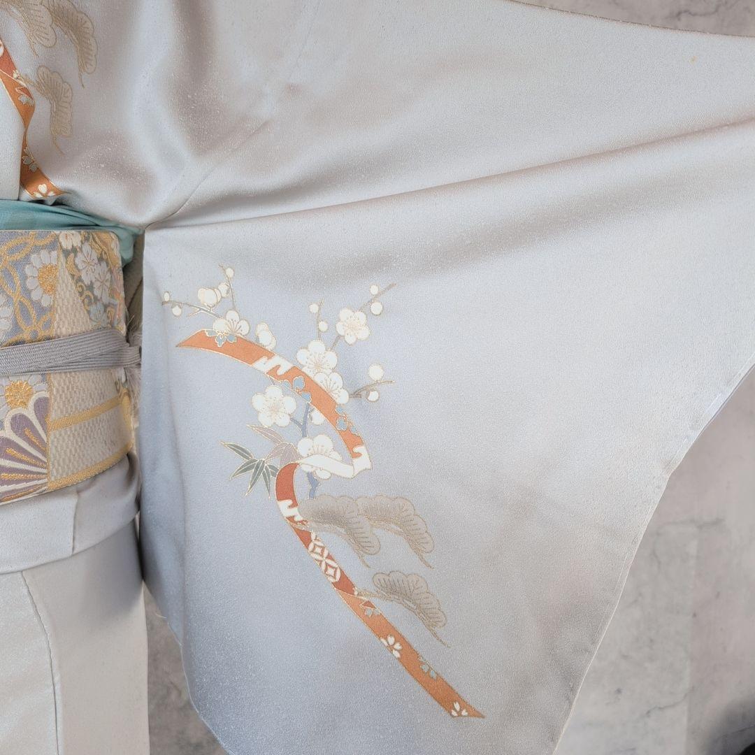 訪問着　フルセット　着物　正絹　白シルバー　金駒刺繍　花　しつけ糸　祝い事　A2
