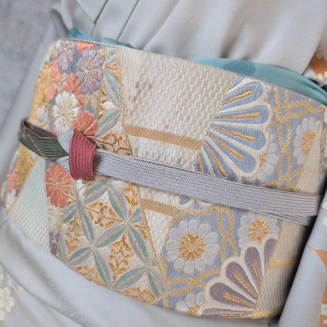 訪問着　フルセット　着物　正絹　白シルバー　金駒刺繍　花　しつけ糸　祝い事　A2