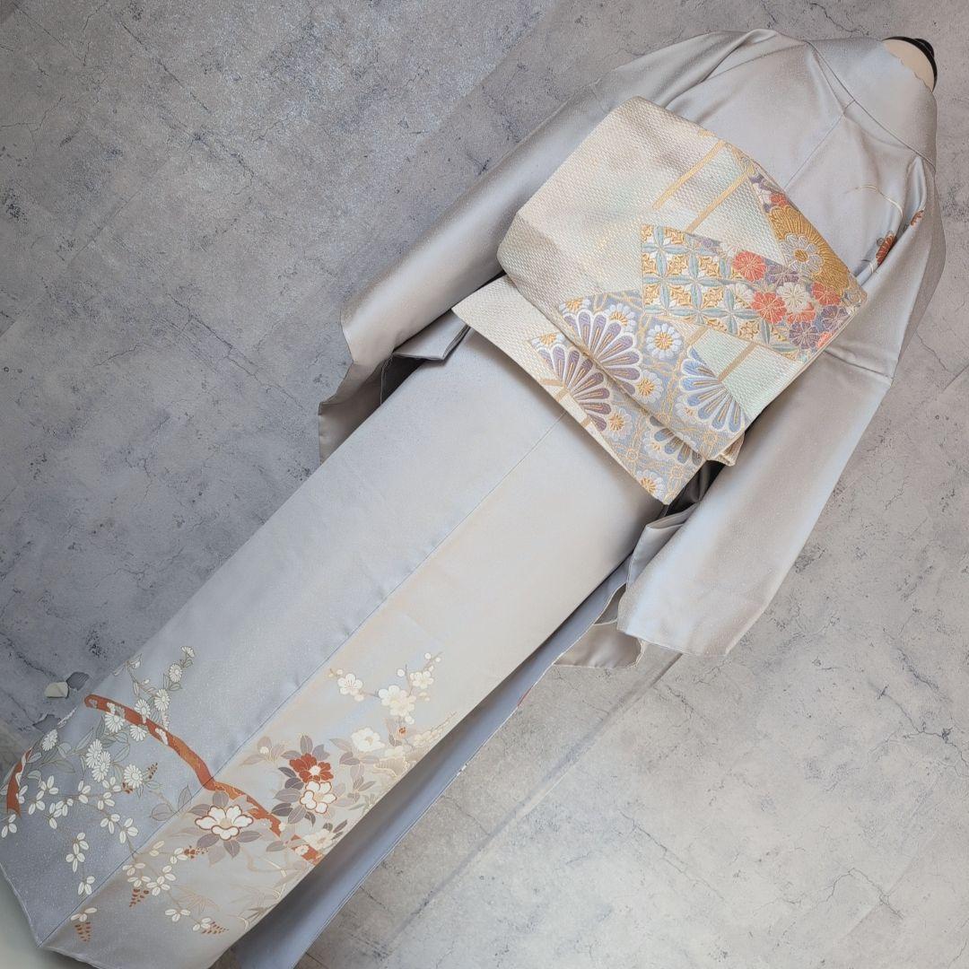 訪問着　フルセット　着物　正絹　白シルバー　金駒刺繍　花　しつけ糸　祝い事　A2