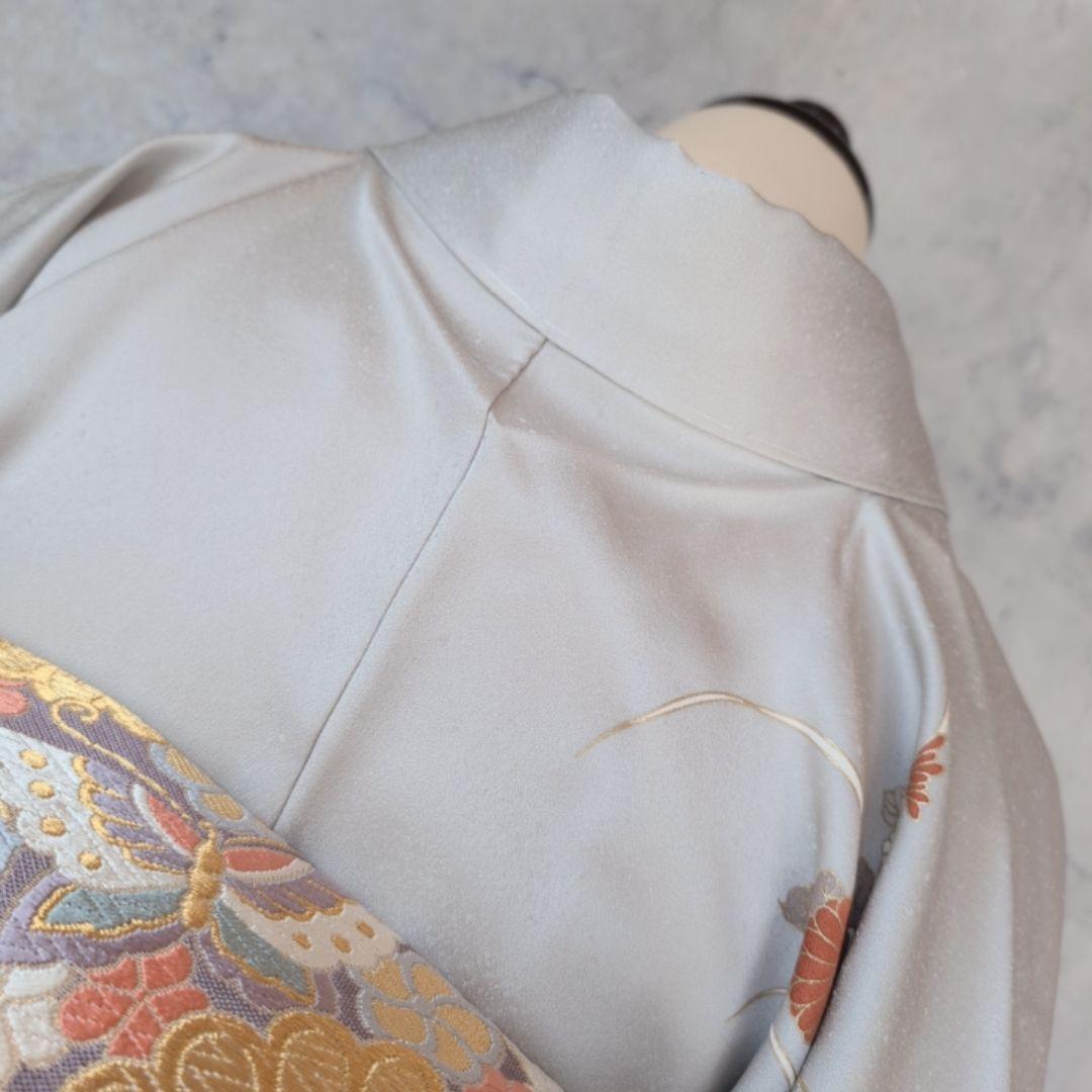 訪問着　フルセット　着物　正絹　白シルバー　金駒刺繍　花　しつけ糸　祝い事　A2