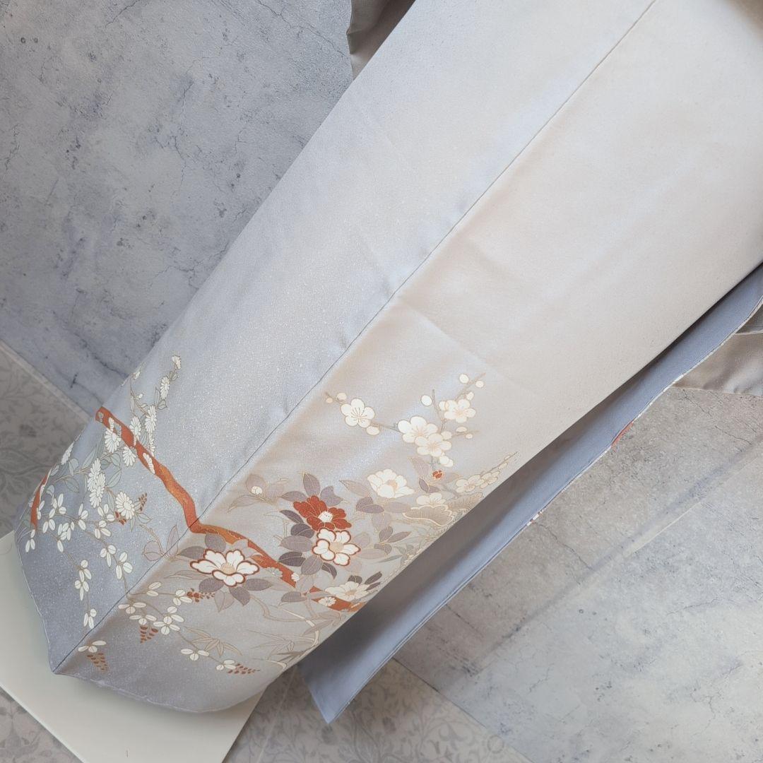 訪問着　フルセット　着物　正絹　白シルバー　金駒刺繍　花　しつけ糸　祝い事　A2