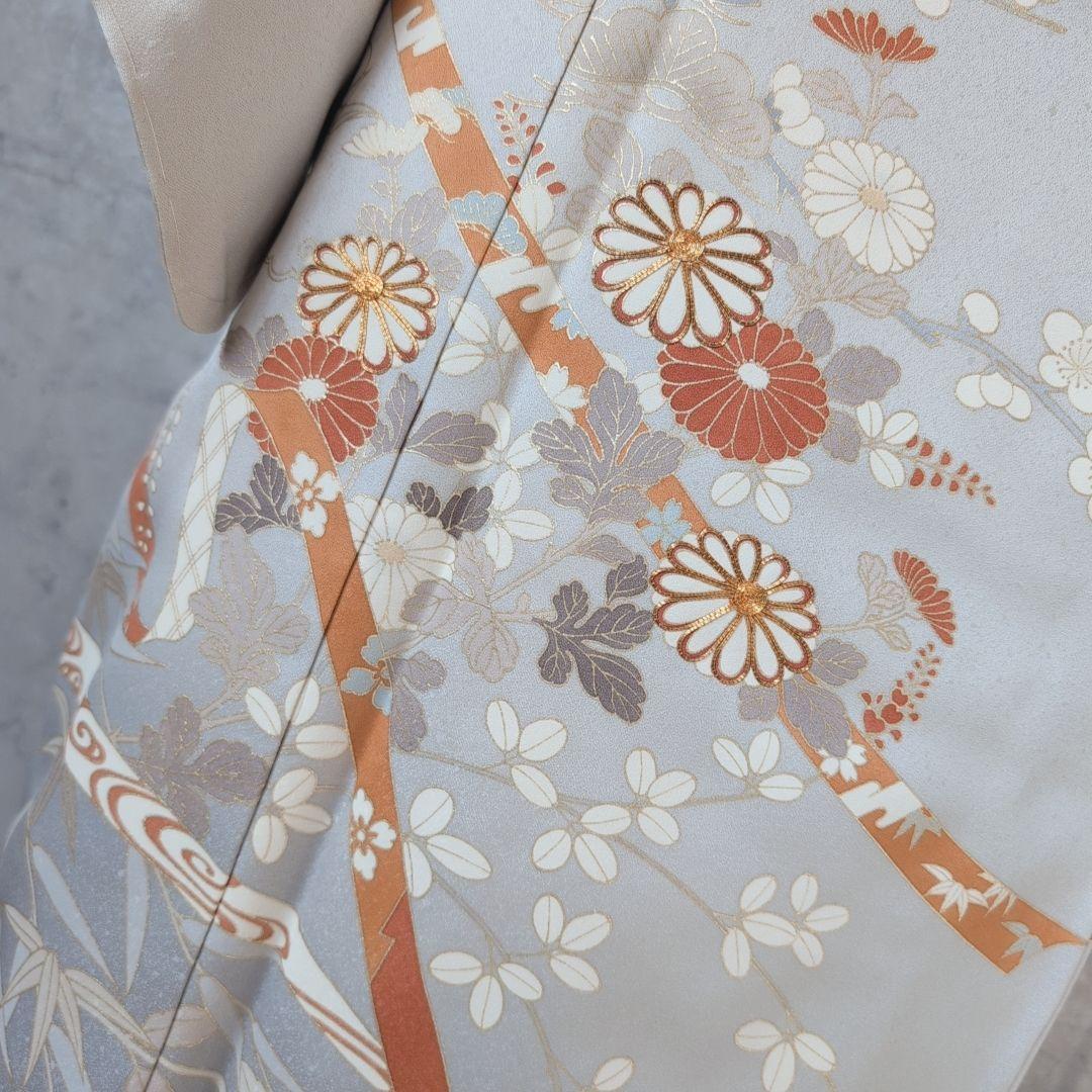 訪問着　フルセット　着物　正絹　白シルバー　金駒刺繍　花　しつけ糸　祝い事　A2