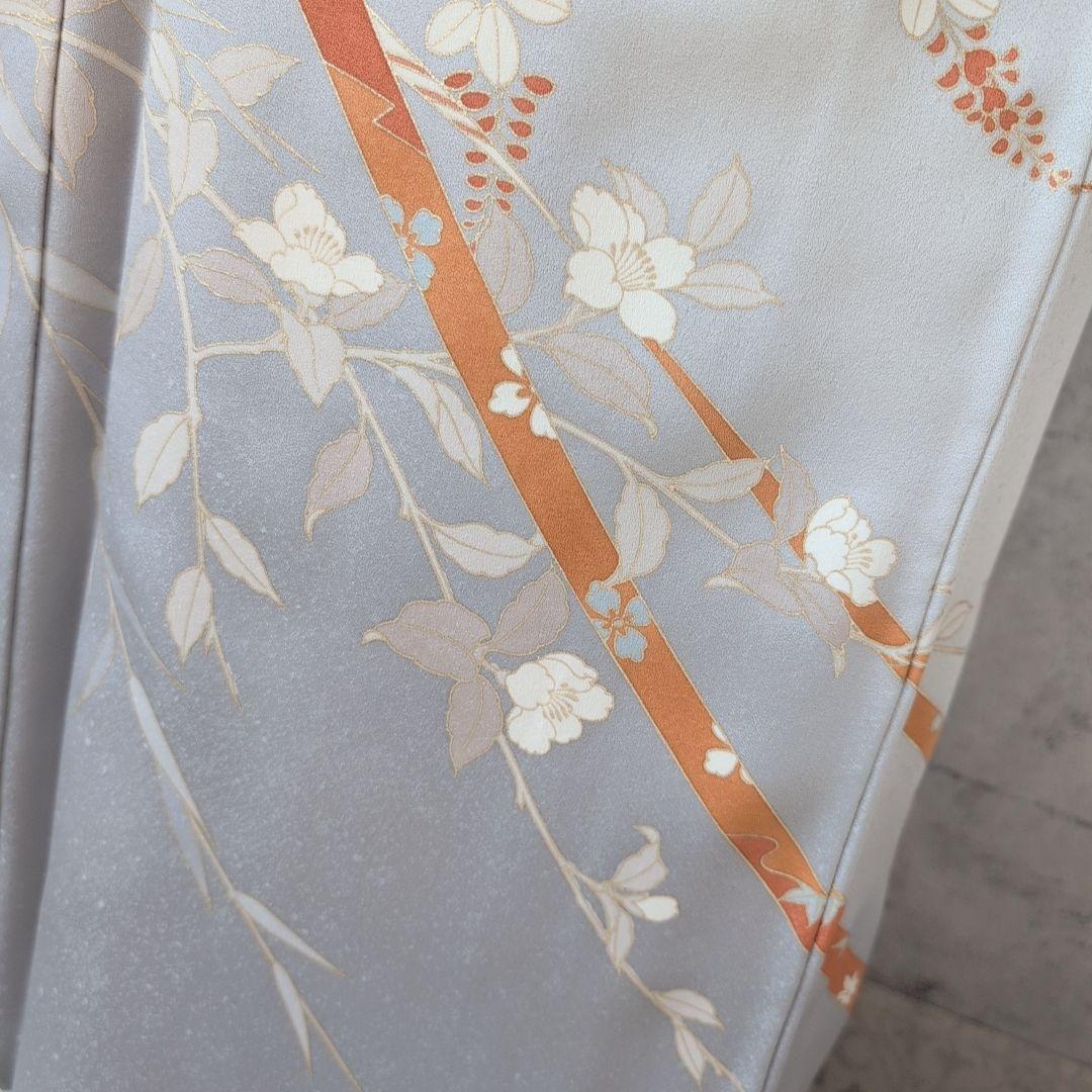 訪問着　フルセット　着物　正絹　白シルバー　金駒刺繍　花　しつけ糸　祝い事　A2