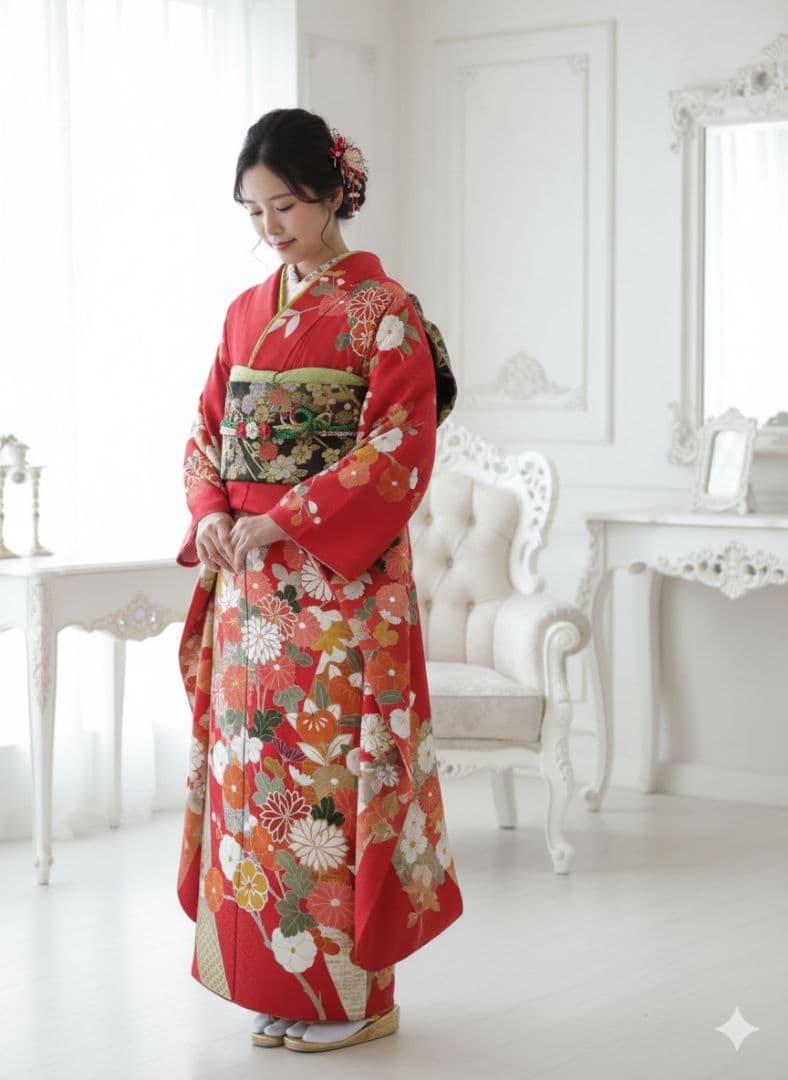 華やか振袖フルセット　赤　古典柄　金駒刺繍　身丈161.5 裄 65　お値打ち