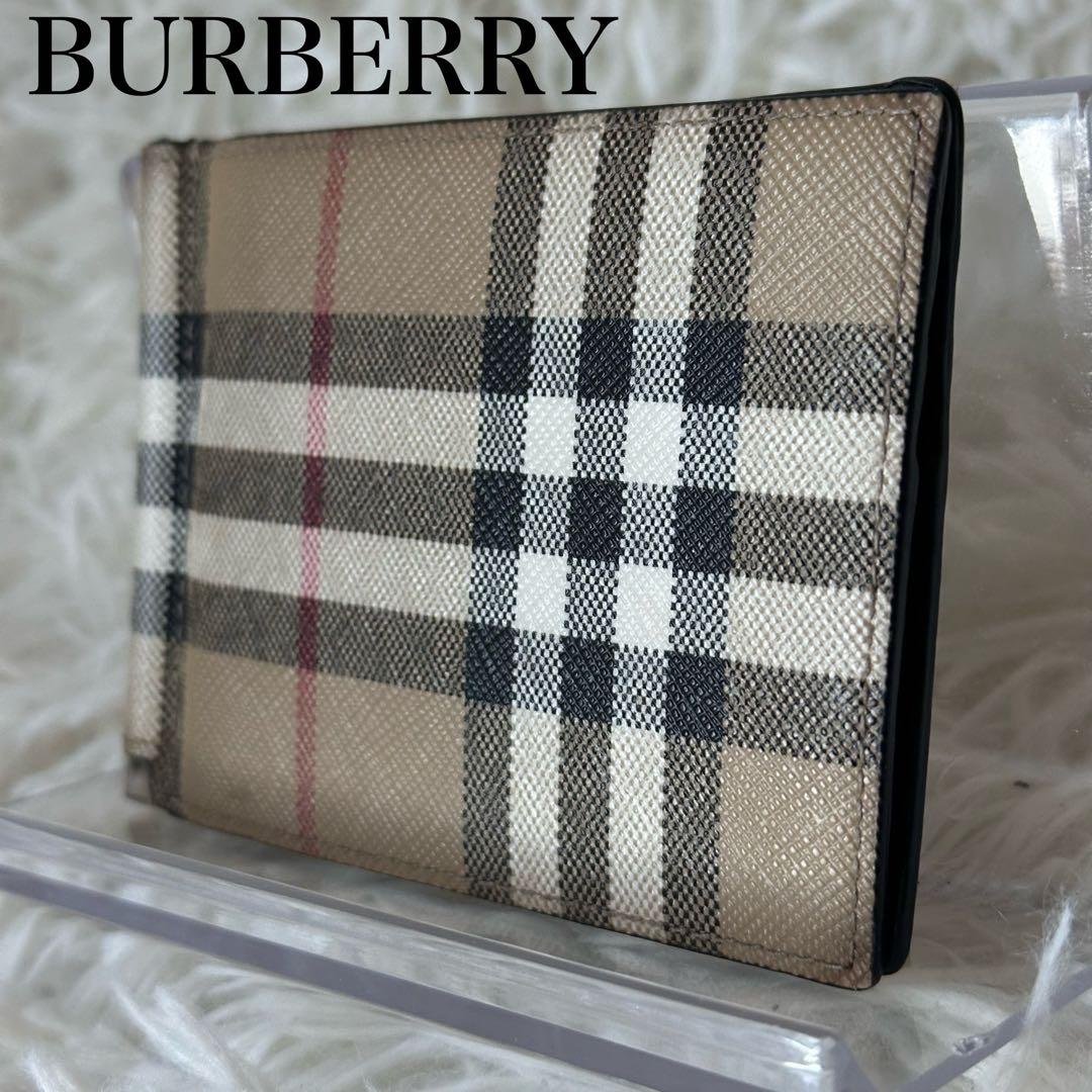 バーバリー マネークリップ ノバチェック 二つ折り財布 PVC レザー ベージュ