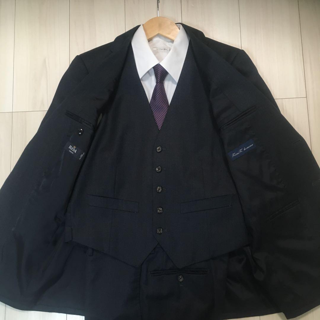 21日迄特価メンズ高級イタリア製REDA ダークブルー スリーピーススーツ　L