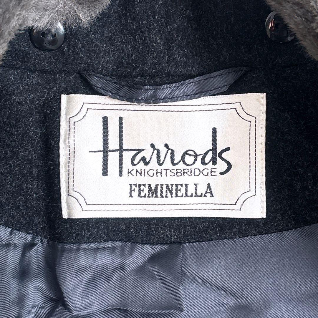 Harrods カシミア混 ファーつき ロングコート 2way チャコールグレー
