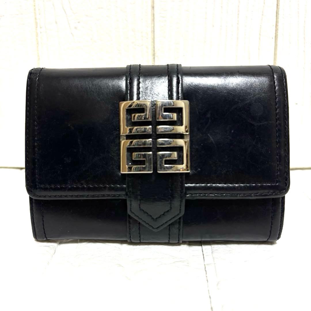 希少 ジバンシー メタル ビッグ ロゴ レザー 二つ折り 財布 黒 ヴィンテージ