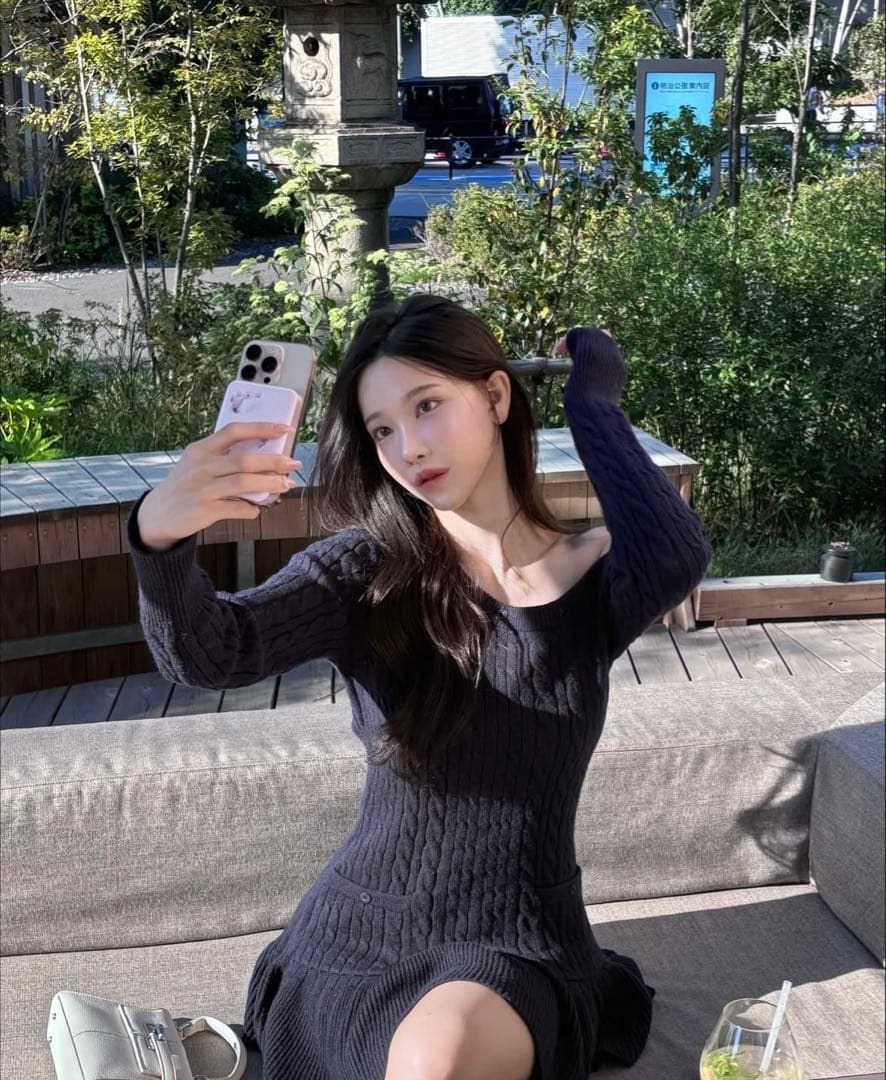 ワンピース yilon ONE SHOULDER CABLE KNITOP NAVY