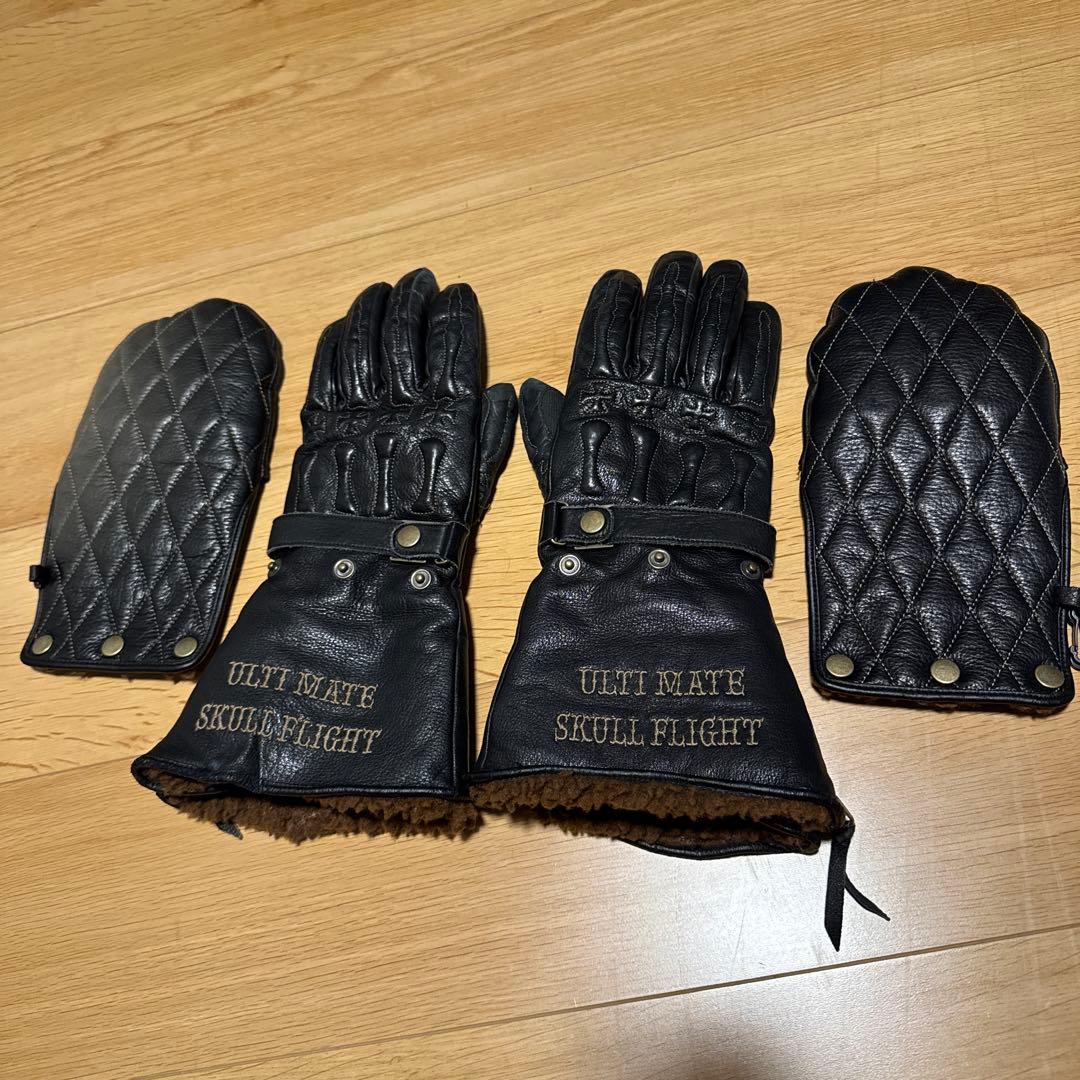 【スカルフライト★ガントレットグローブ黒M】ミトン付き寒冷地仕様　バイクグローブ