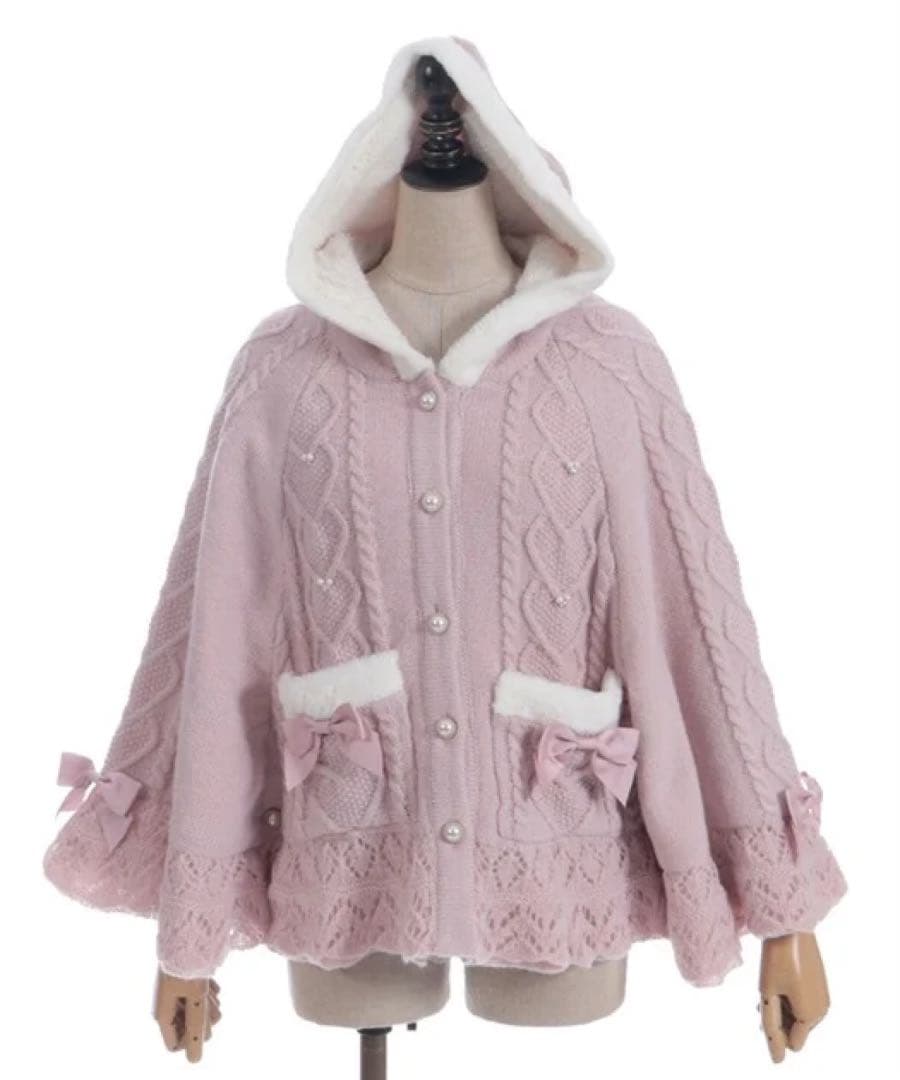 新品★アクシーズファム★ハート編柄裏ボアニットケープポンチョピンク★完売品