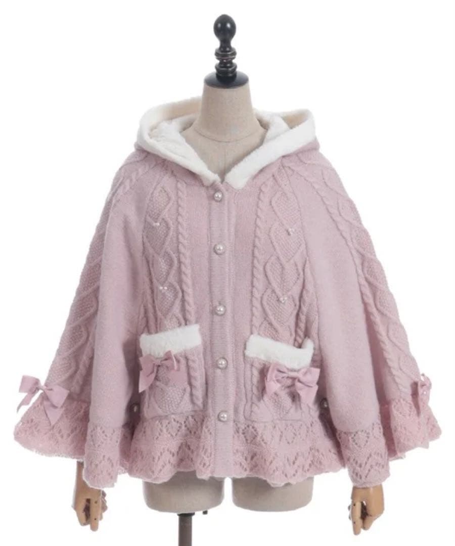 新品★アクシーズファム★ハート編柄裏ボアニットケープポンチョピンク★完売品