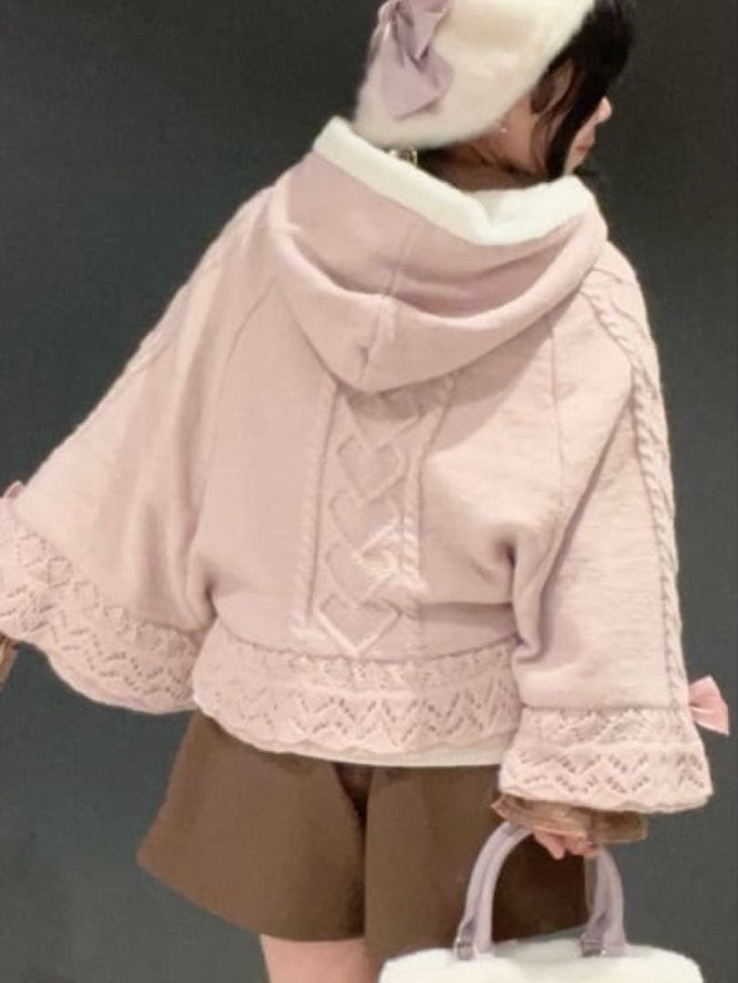 新品★アクシーズファム★ハート編柄裏ボアニットケープポンチョピンク★完売品