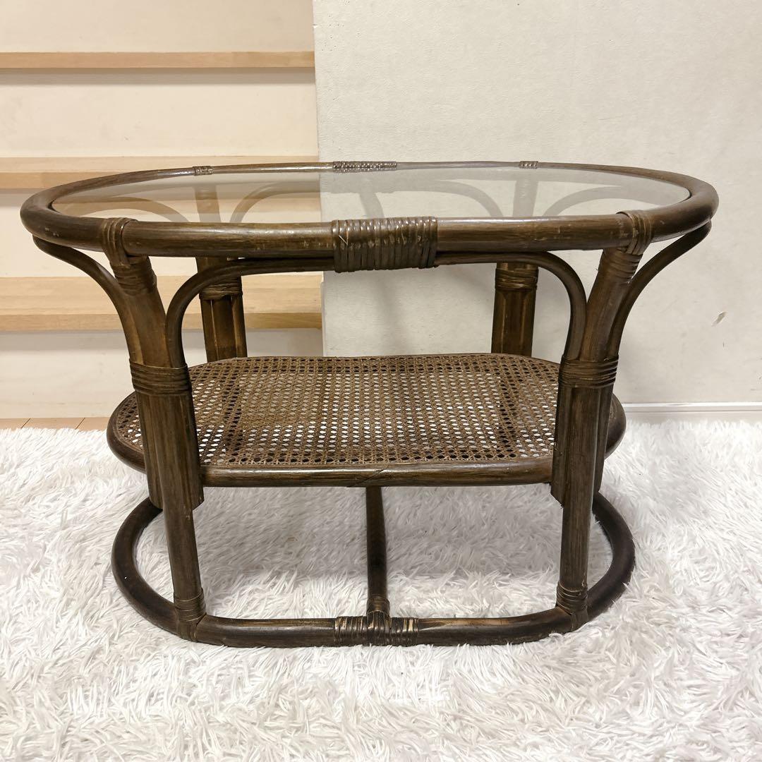 ラタン テーブル ガラス アジアンテイスト 昭和レトロ 送料無料
