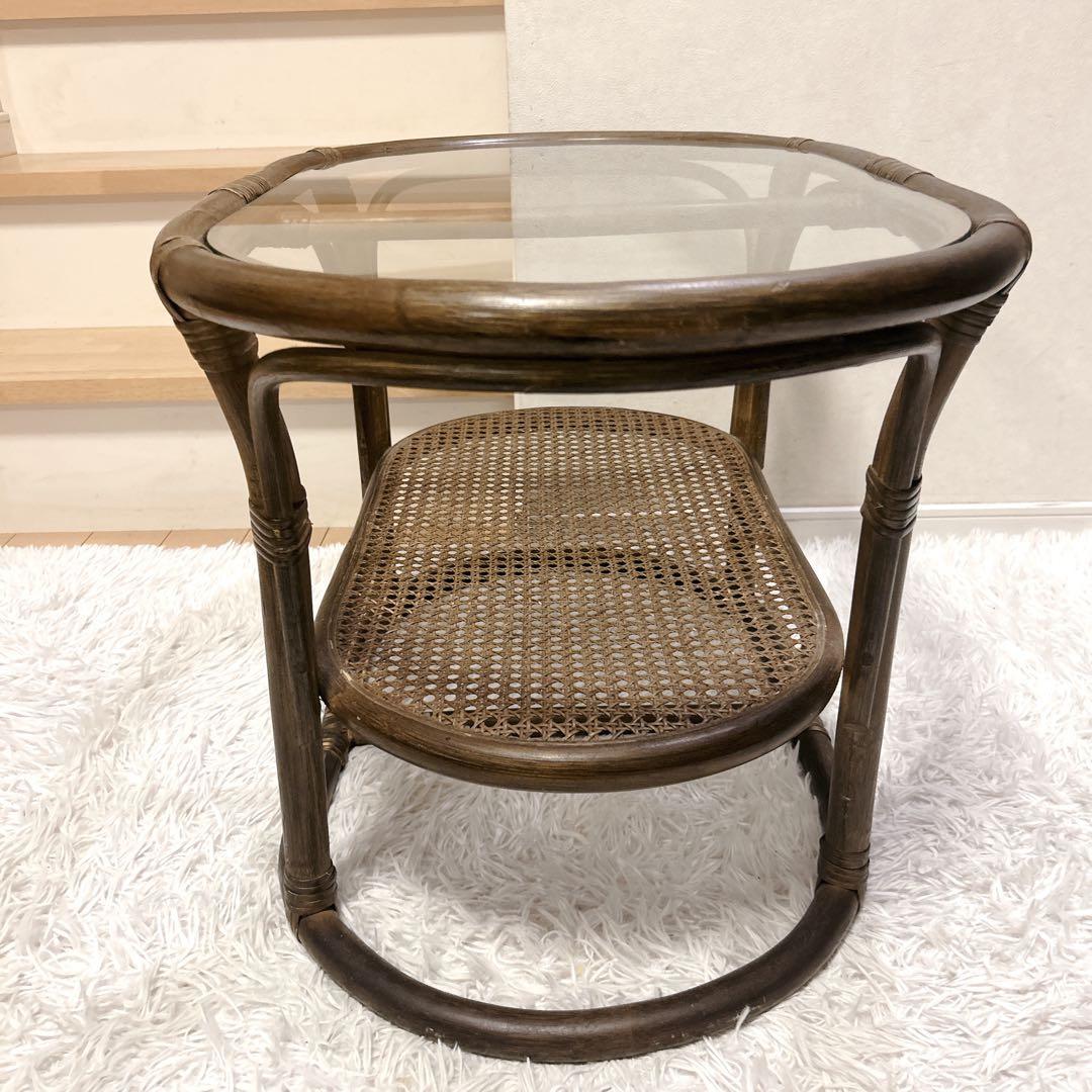 ラタン テーブル ガラス アジアンテイスト 昭和レトロ 送料無料