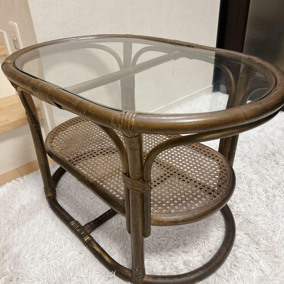 ラタン テーブル ガラス アジアンテイスト 昭和レトロ 送料無料