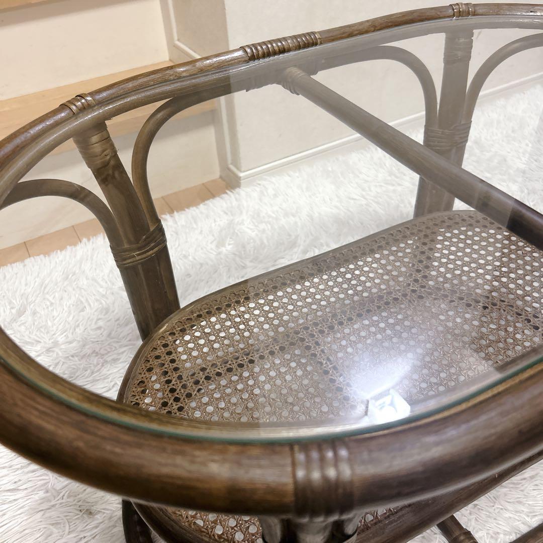 ラタン テーブル ガラス アジアンテイスト 昭和レトロ 送料無料