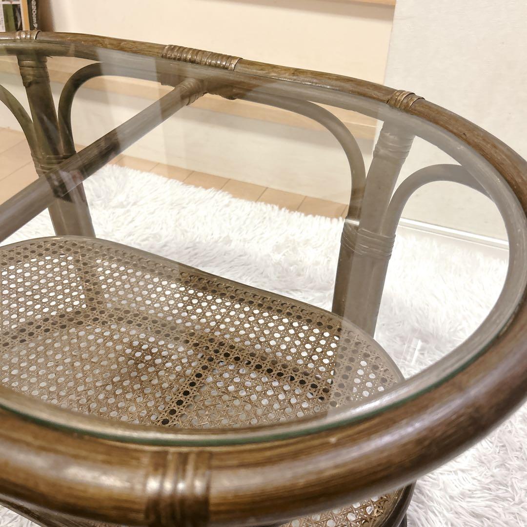 ラタン テーブル ガラス アジアンテイスト 昭和レトロ 送料無料