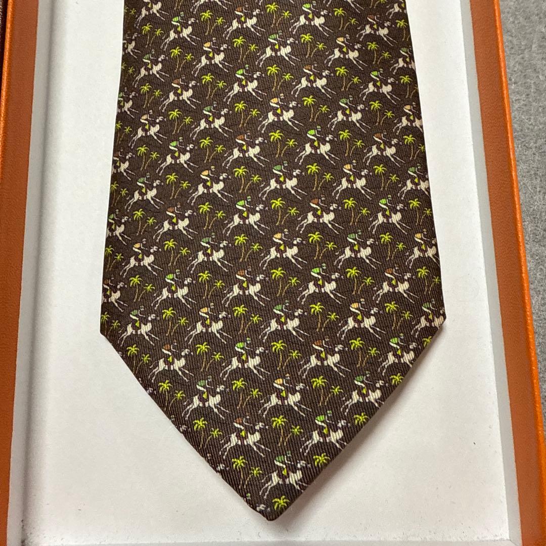 未使用タグ付　箱付　エルメス　ネクタイ　茶色　ジョッキーホース