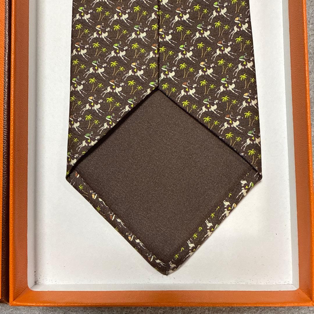 未使用タグ付　箱付　エルメス　ネクタイ　茶色　ジョッキーホース