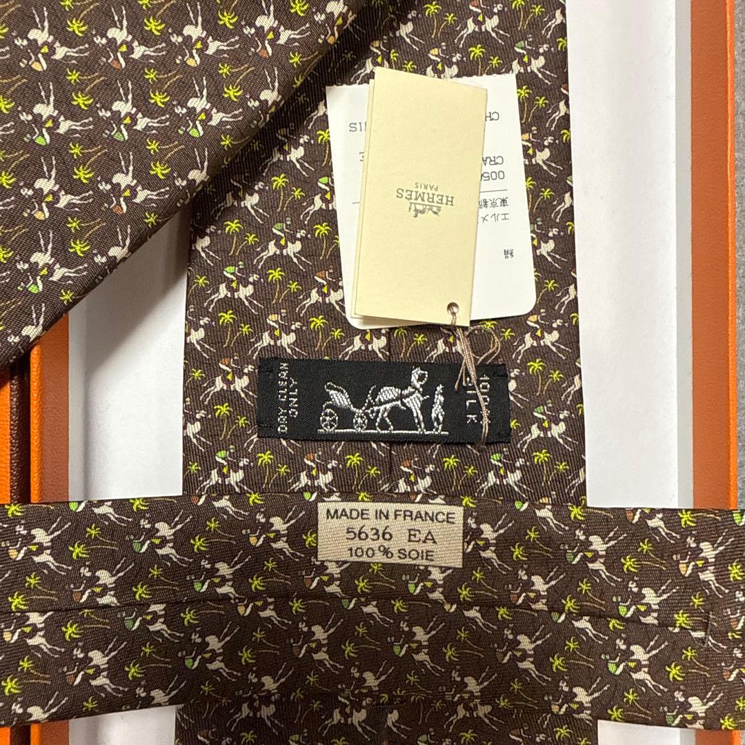 未使用タグ付　箱付　エルメス　ネクタイ　茶色　ジョッキーホース