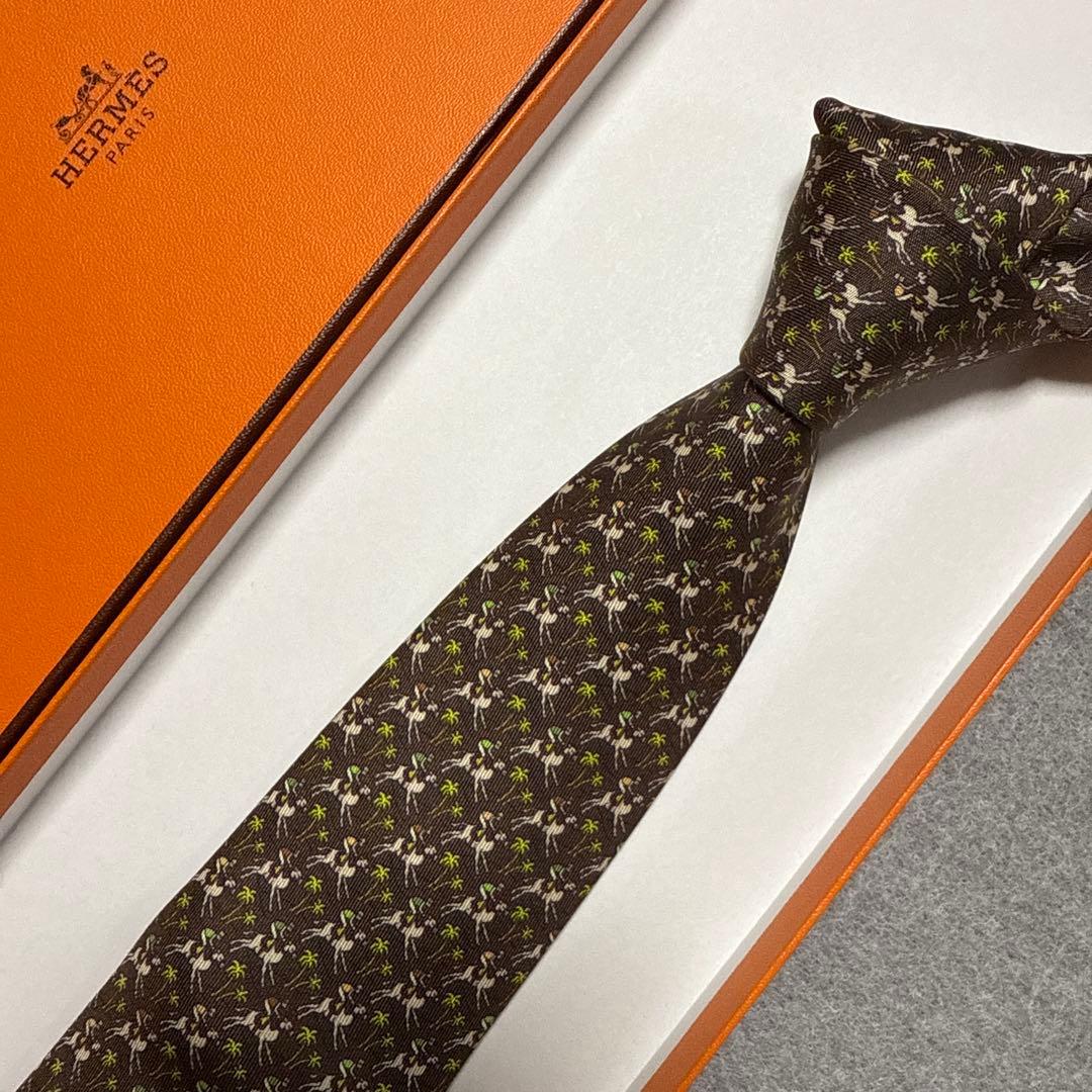 未使用タグ付　箱付　エルメス　ネクタイ　茶色　ジョッキーホース