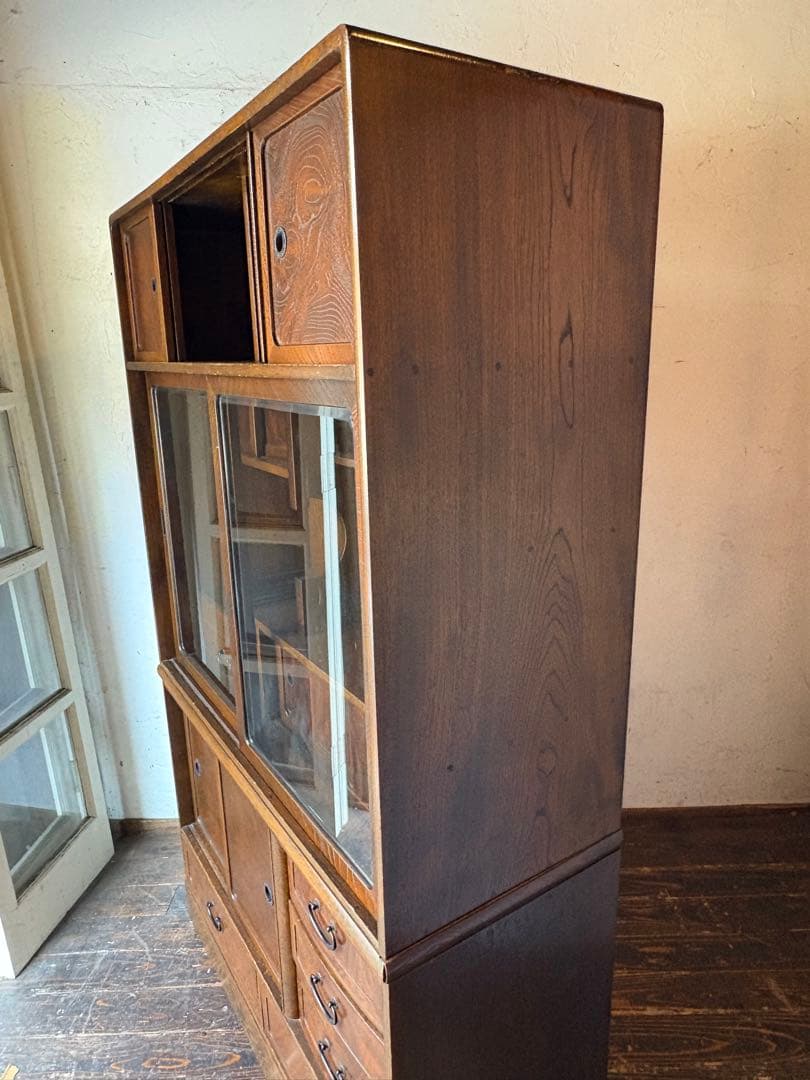 茶棚 木製ガラス扉付きタンス 水屋　飾り棚　違棚　アンティーク　レトロ