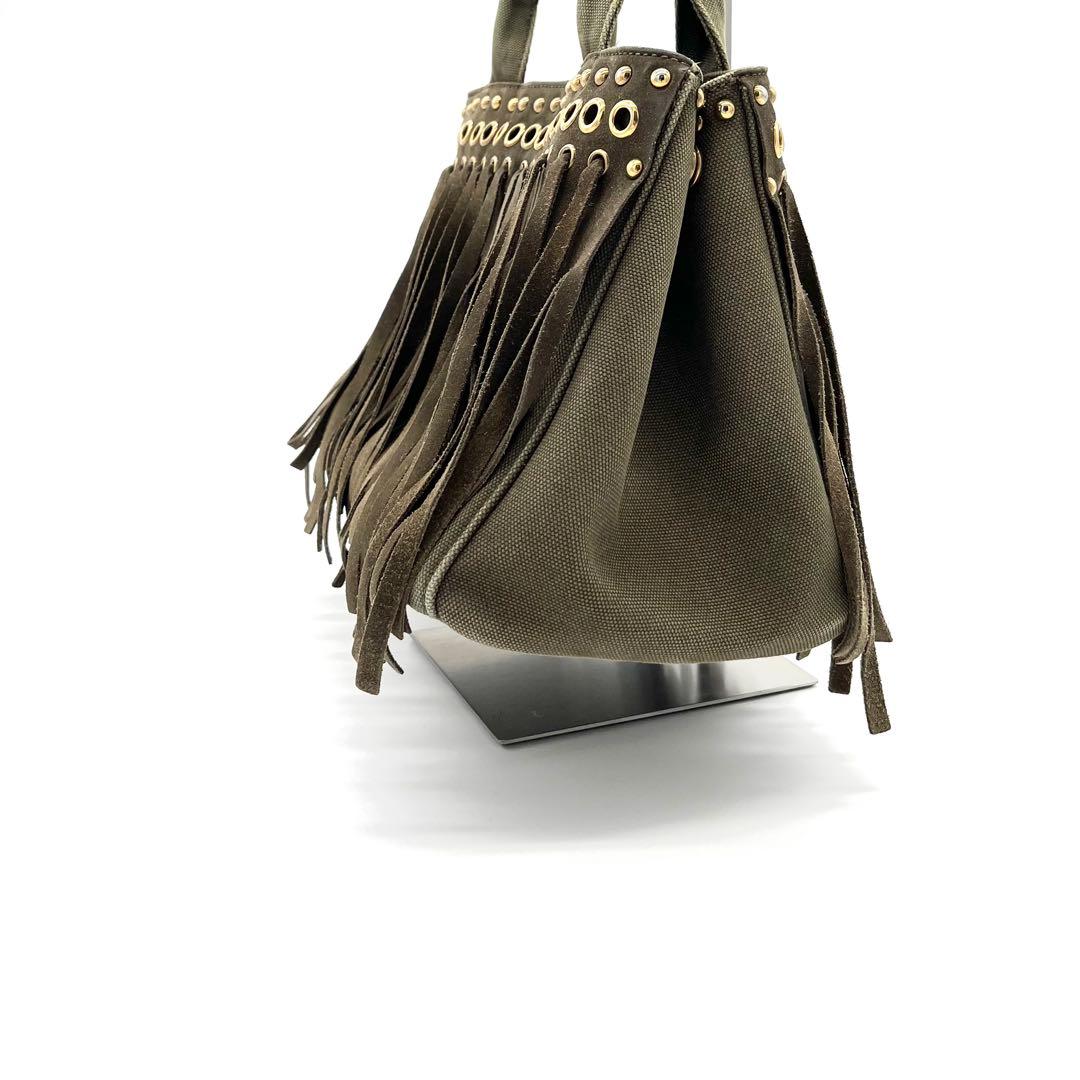 PRADAプラダ カナパ トートバッグ フリンジ スタッズ カーキ ゴールド金具