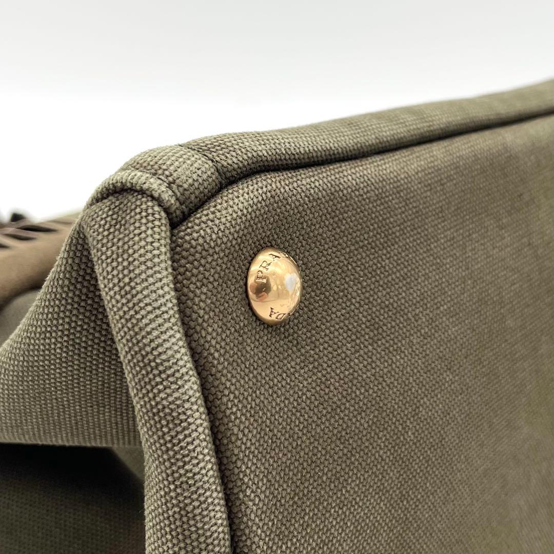 PRADAプラダ カナパ トートバッグ フリンジ スタッズ カーキ ゴールド金具