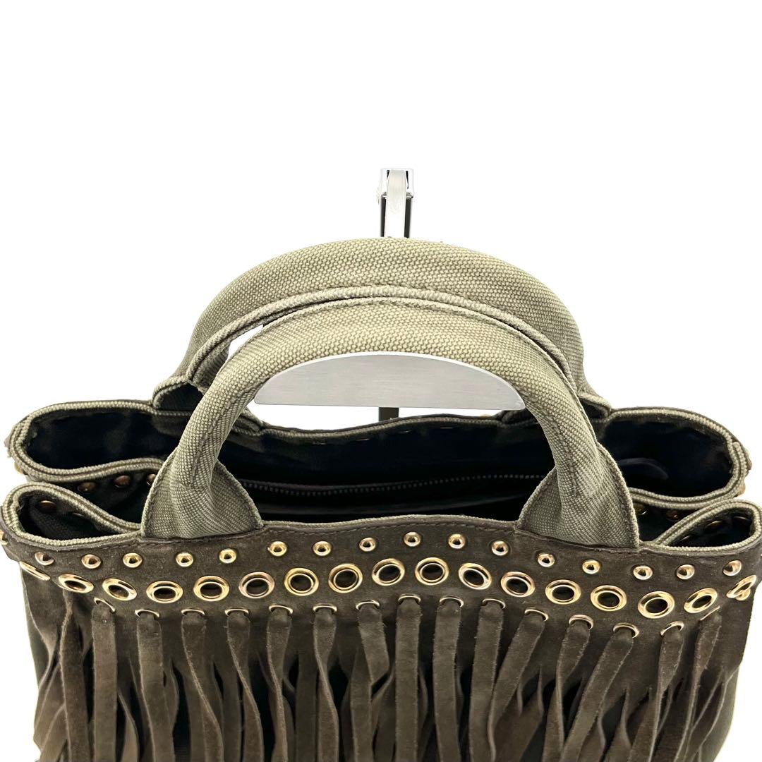 PRADAプラダ カナパ トートバッグ フリンジ スタッズ カーキ ゴールド金具