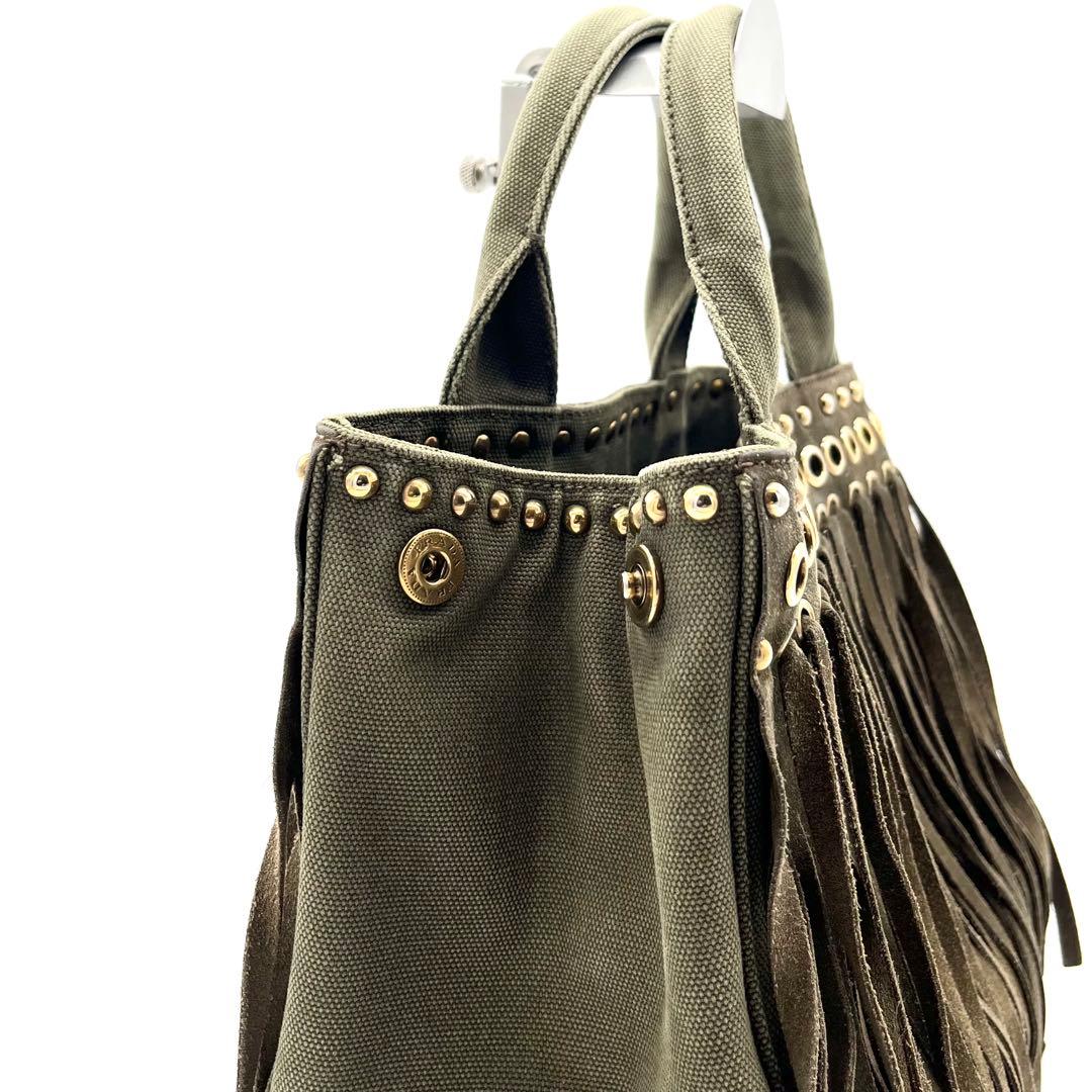 PRADAプラダ カナパ トートバッグ フリンジ スタッズ カーキ ゴールド金具