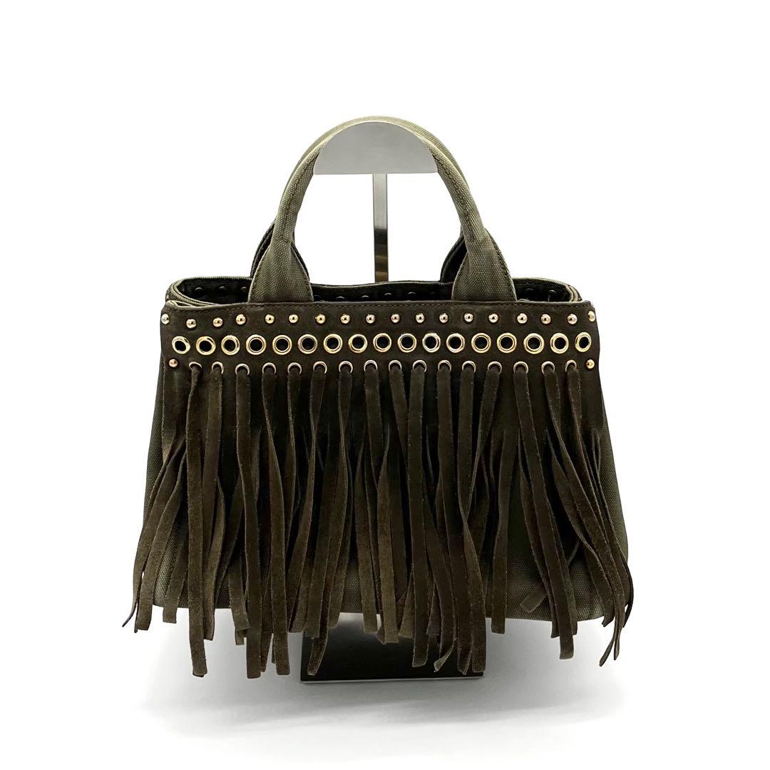 PRADAプラダ カナパ トートバッグ フリンジ スタッズ カーキ ゴールド金具