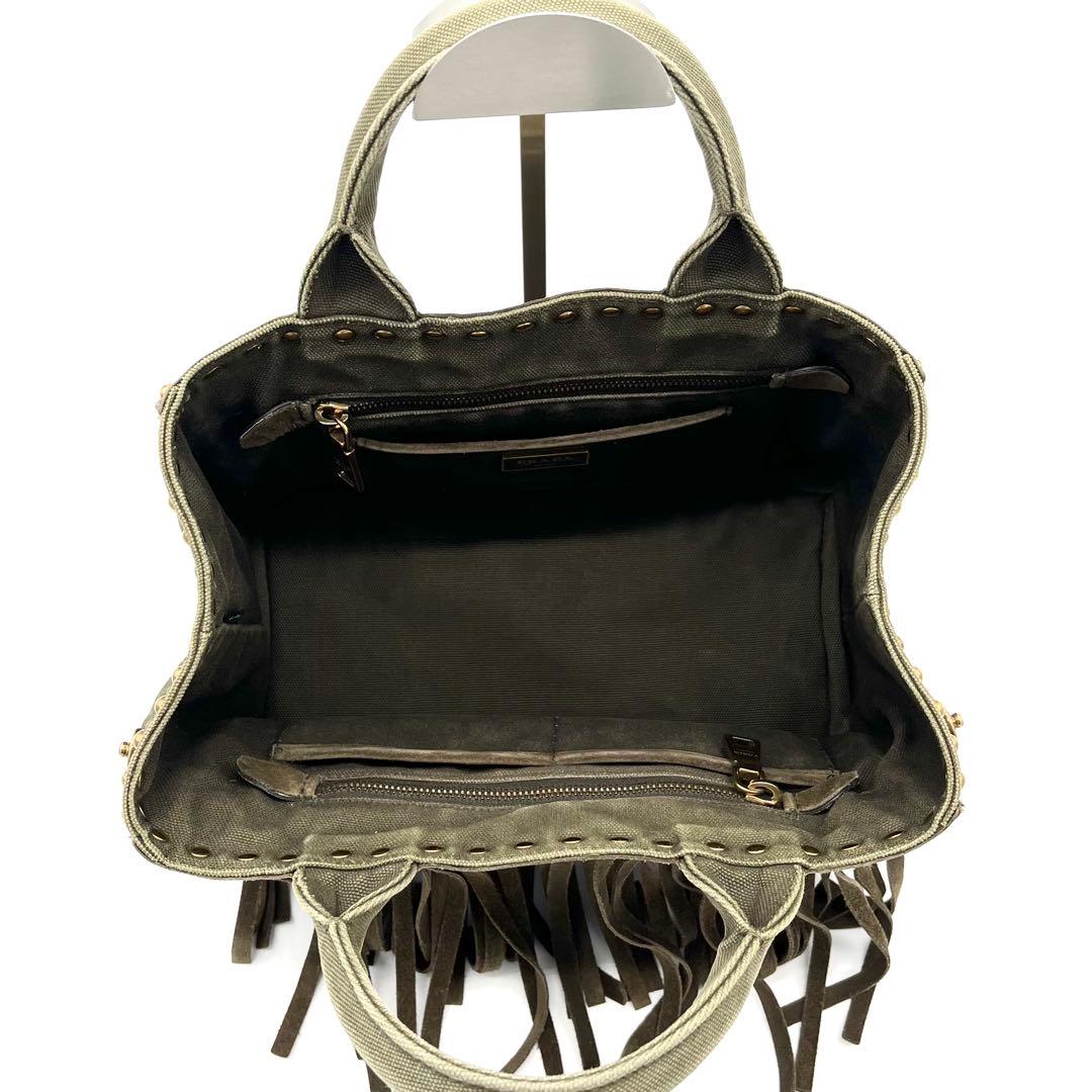 PRADAプラダ カナパ トートバッグ フリンジ スタッズ カーキ ゴールド金具