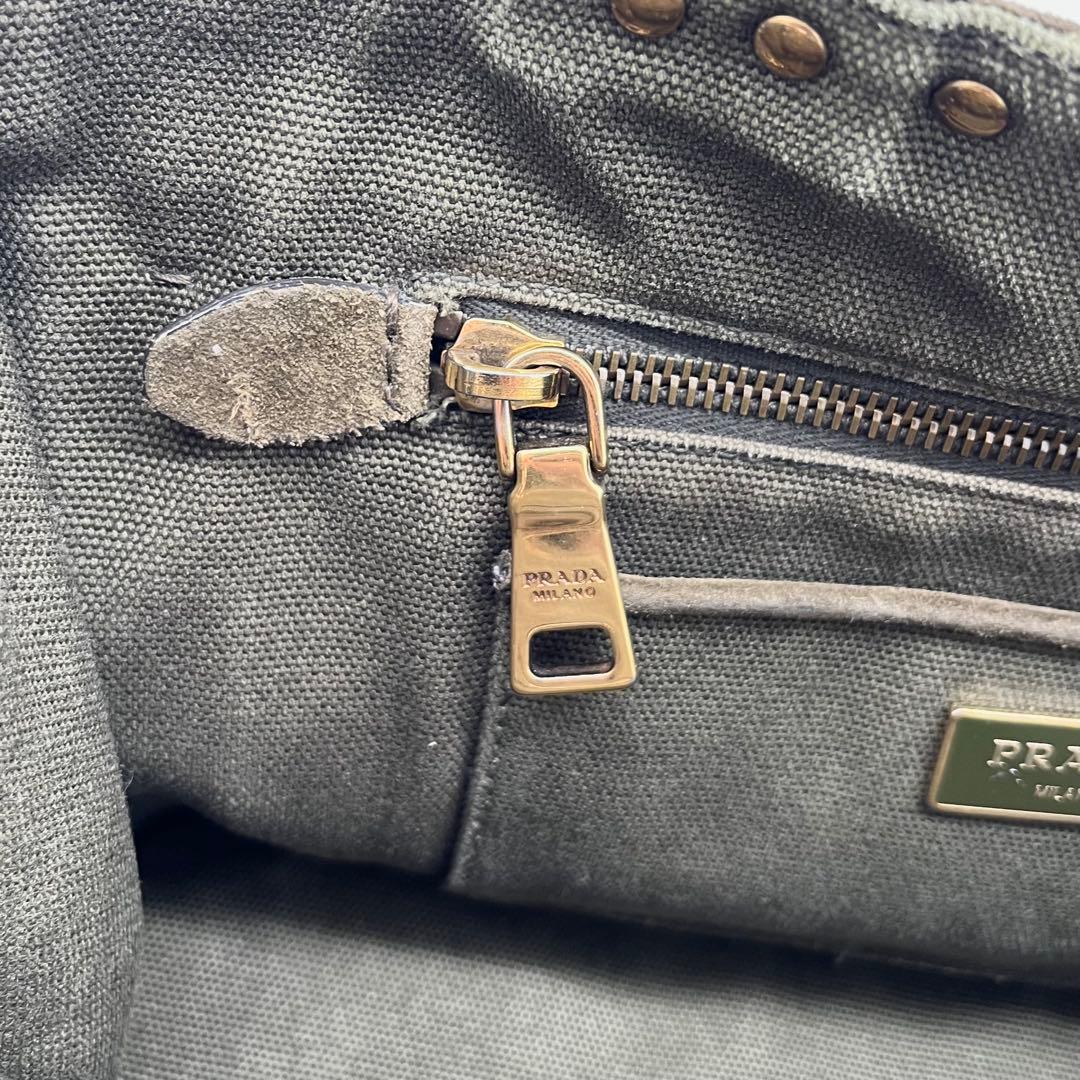 PRADAプラダ カナパ トートバッグ フリンジ スタッズ カーキ ゴールド金具