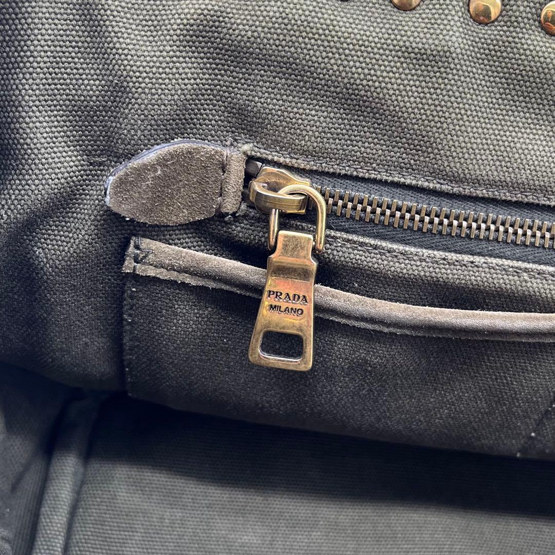 PRADAプラダ カナパ トートバッグ フリンジ スタッズ カーキ ゴールド金具