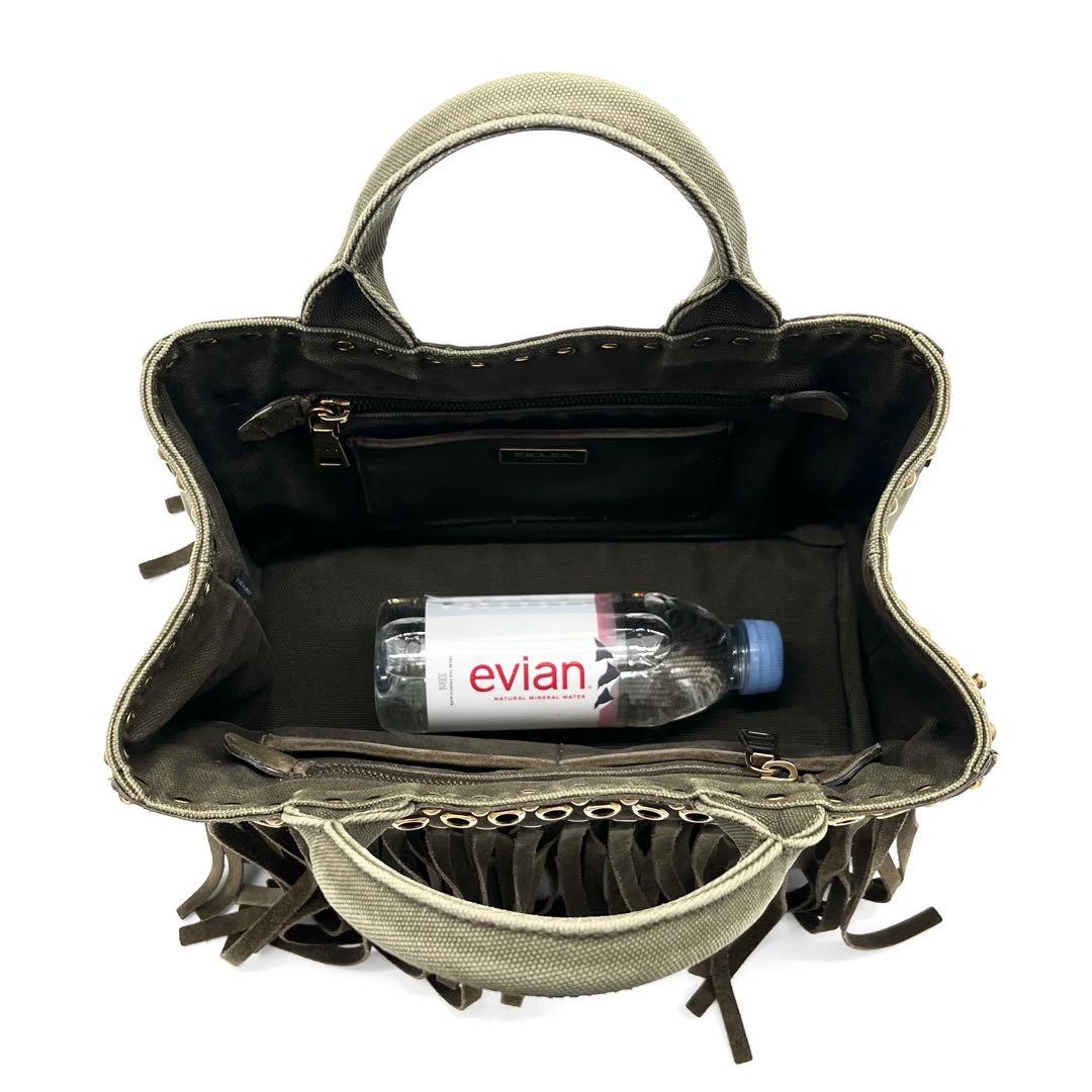 PRADAプラダ カナパ トートバッグ フリンジ スタッズ カーキ ゴールド金具