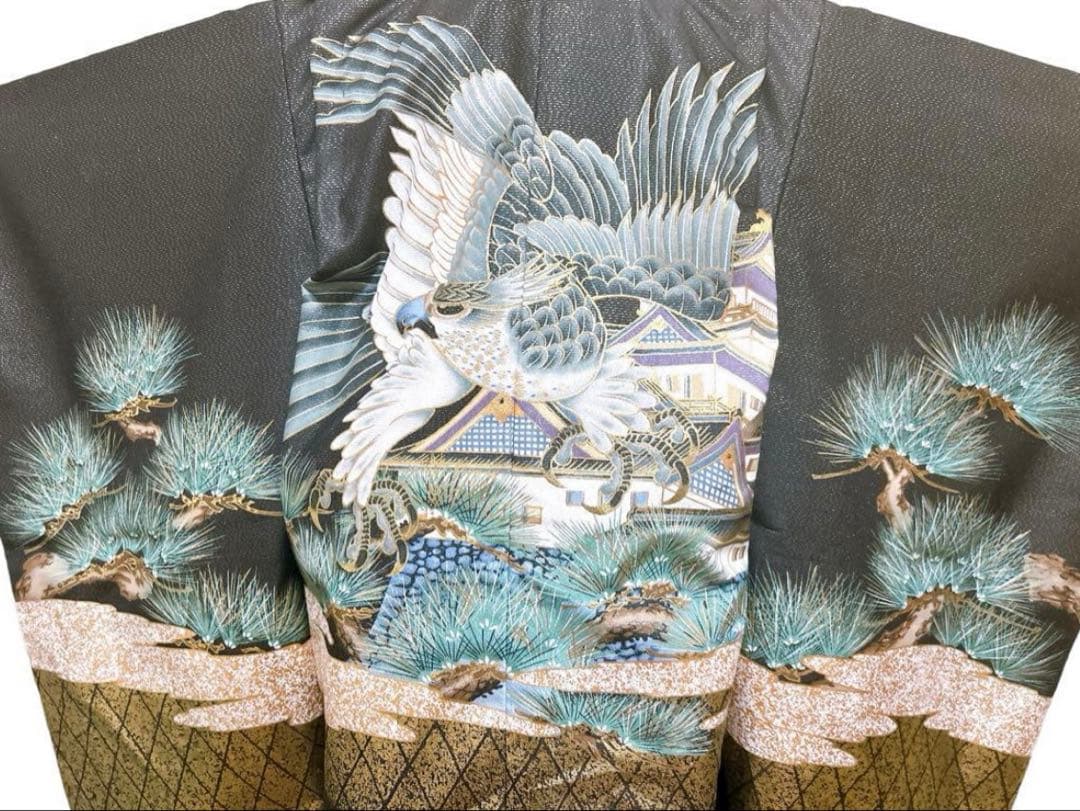 美品！黒系　縦縞袴　七五三　5歳　男の子　セット一式　　鷹　松　城