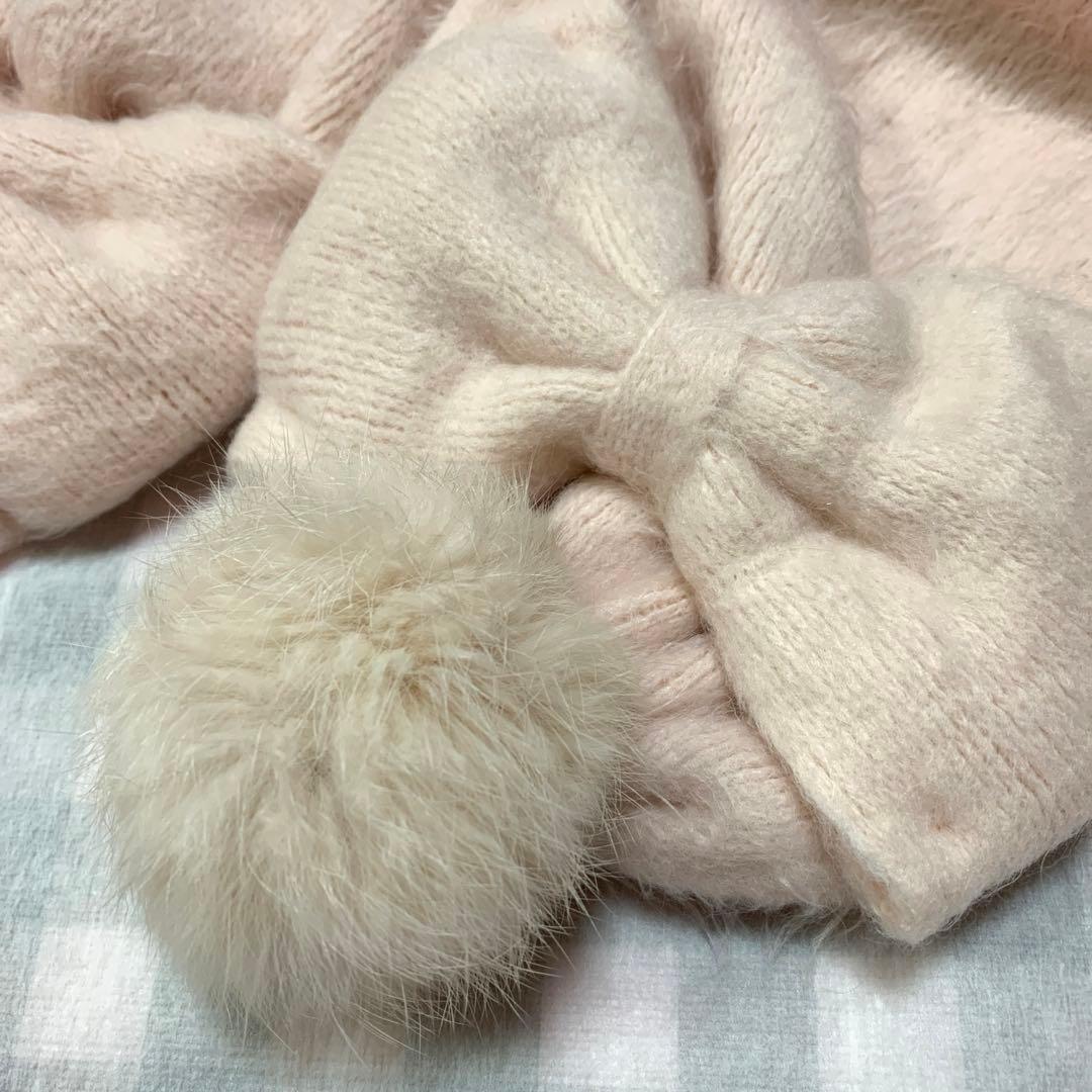 LIZLISA ポンポン リボン ピンク マフラー