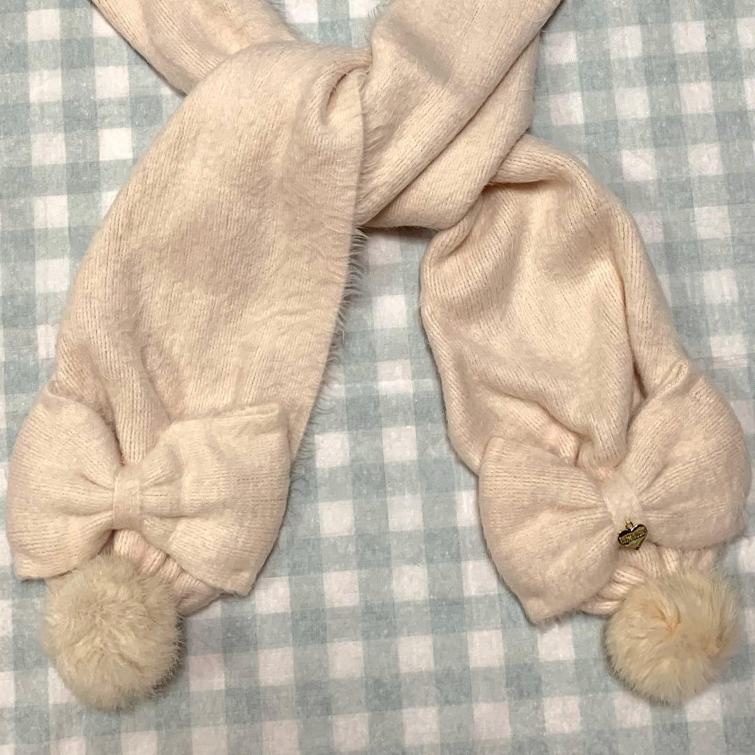 LIZLISA ポンポン リボン ピンク マフラー