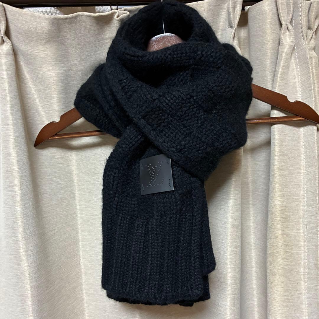 LOUIS VUITTON レザーロゴパッチ カシミヤマフラー ダミエ