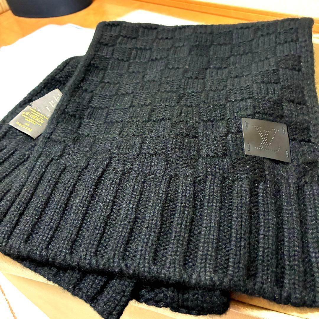 LOUIS VUITTON レザーロゴパッチ カシミヤマフラー ダミエ