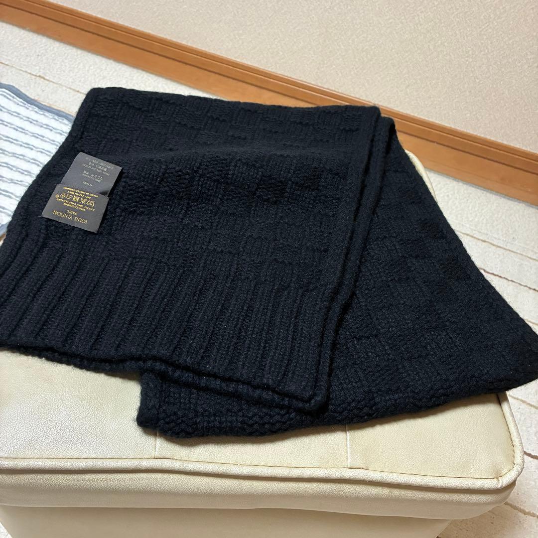 LOUIS VUITTON レザーロゴパッチ カシミヤマフラー ダミエ
