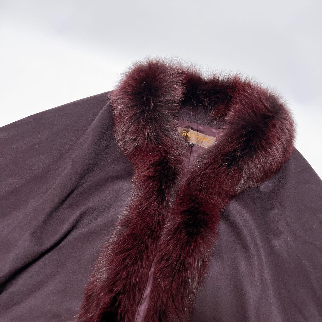《美品》バルマン ポンチョ 羽織り カシミヤ100% フォックスファー パープル